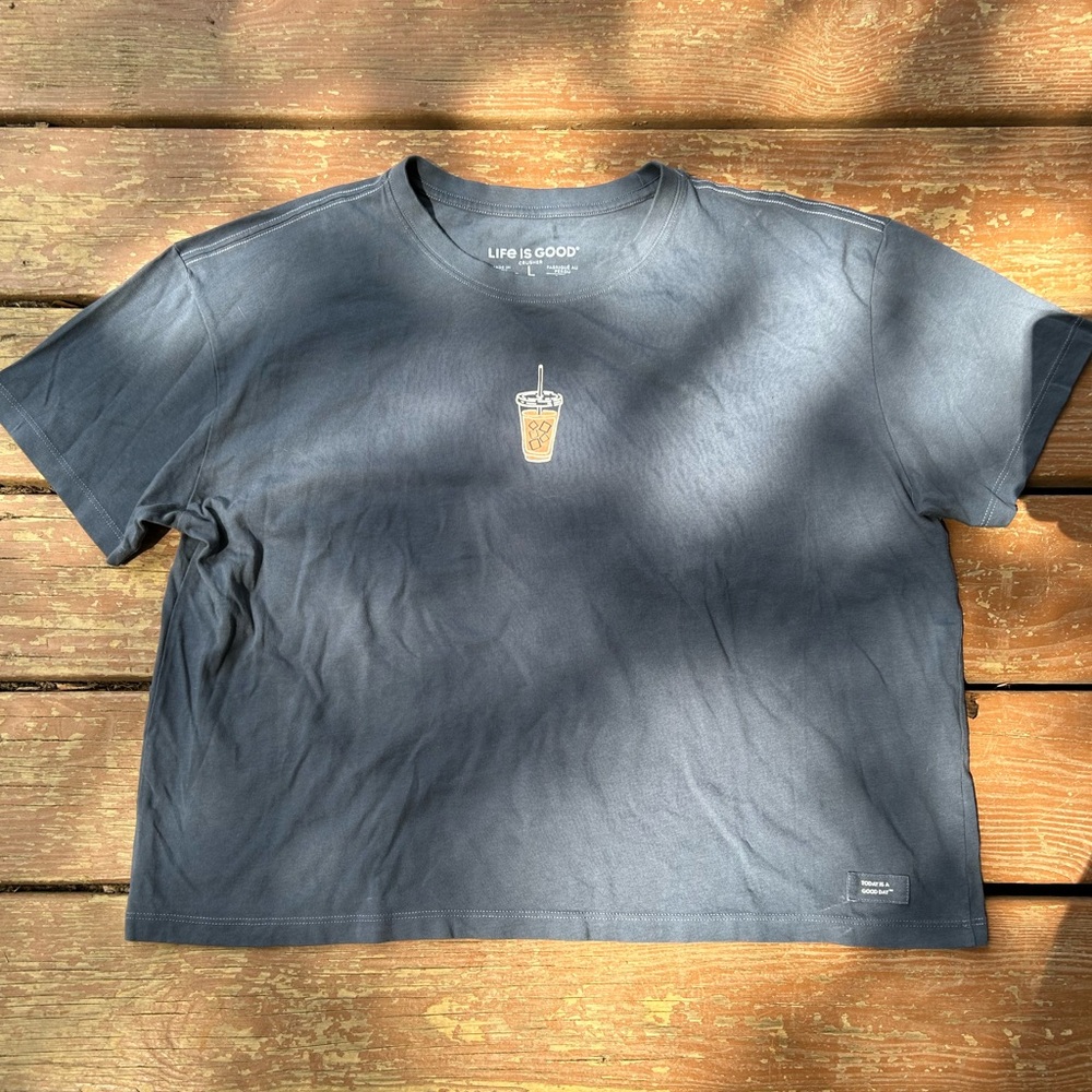 Life Is Good Grayish Blue Women's T-Shirt w/ Coffee Image On Front